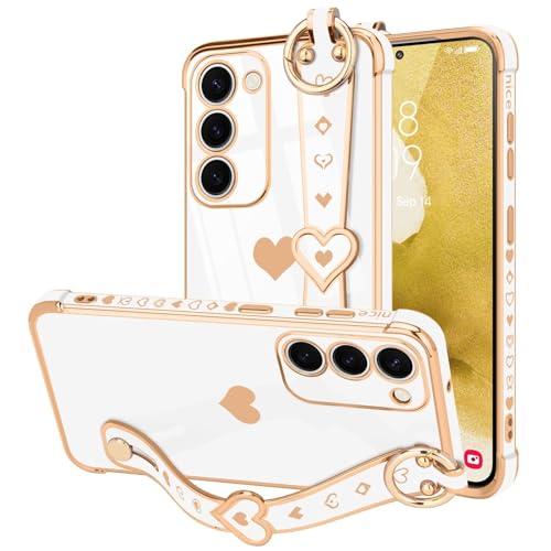 Image of LLZ.COQUE for Samsung Galaxy S22 Plus, Cute Heart with Luxury Gold-plated Design Phone Case, Adjustable Hand Strap Stand Shockproof Cover for Girls Women for Samsung Galaxy S22 Plus, White