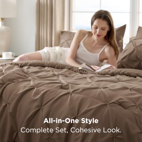 Image of Bedsure Queen Comforter Set Brown - Bed in a Bag Queen Size Bedding 7 Pieces, GentleSoft Pintuck Bed Set Gift for Family, All Season Down Alternative Comforter with Sheets, Pillowcases & Shams
