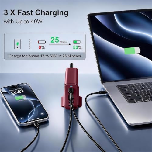 Image of 165W Charging Station, 6 Port Desktop Charger, 3 Ports 40W Red