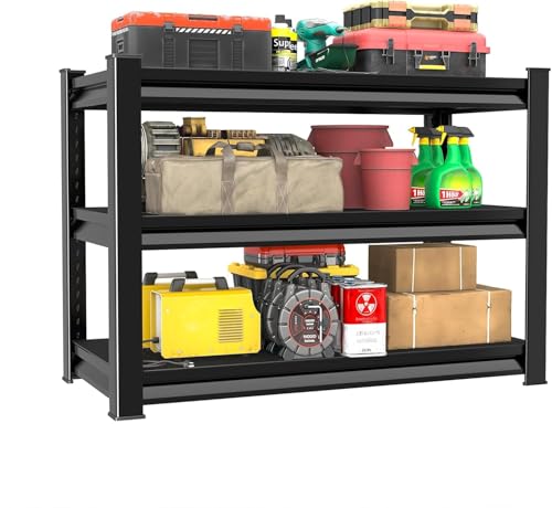 SUPPNEED Estantería para cargas pesadas, estantería con estructura de acero, estantería de almacenamiento con 3 estantes ajustables, estantería para sótanos, estantería de taller, sótano, garaje