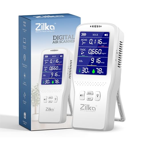 Image of Zilka Air Quality Monitor | Accurate CO2, 11+ Gases TVOC Sensor, HCHO | IAQ | Temperature & Humidity | All Day Battery | 2000mAH Pollution Meter | Smart Alarm | Type-C