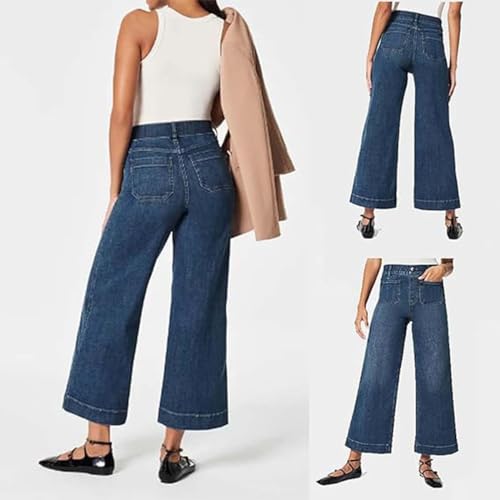 Tummy Control Cropped Wide-Leg Jeans for Women,Cropped Jeans，Cropped Wide Leg Pants with Patch Pocket2