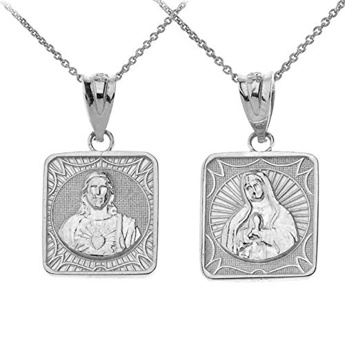 Claddagh Gold 925 Sterling Silver Immaculate Heart of Mary/Sacred Heart of Jesus Square Medal Reversible Necklace and Pendant Only