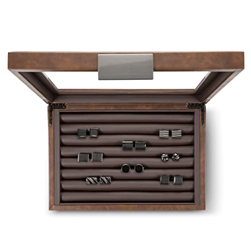 Glenor Co Cufflink Box For Men - Holds 70 Cufflinks - Luxury Display Jewelry Case - Metal Buckle Holder, Large Glass Top - Pu Leather Brown #TOP3