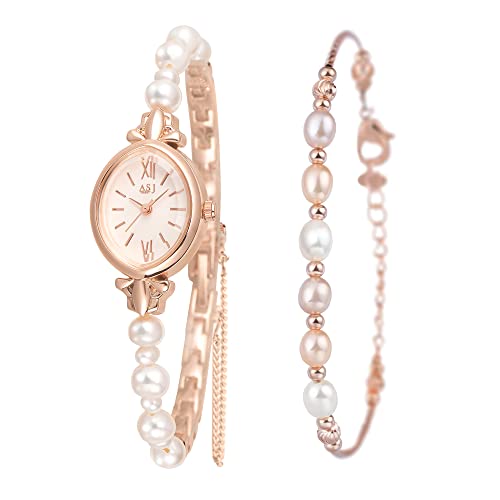 Clastyle Natural Pearls Watch and Bracelet Set for Women Rose Gold Ladies Dress Watch Set Mothers Day Gift Stylish Oval Dial Wrist Watches with Pearl Bracelet