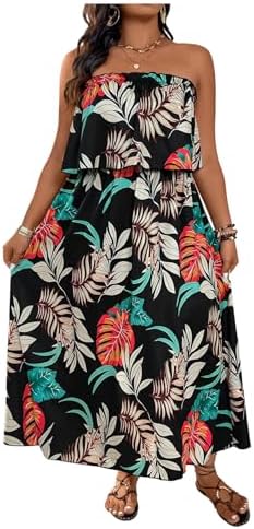 Verdusa Women's Plus Size Tropical Strapless Tube Dress Ruffle La...