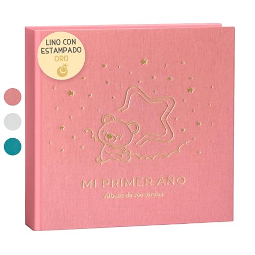 Álbum de Fotos Bebé Meu Primeiro Ano com Capa em Tecido Linho e 75 Páginas - Livro de Recordações Bebé com Adesivos Ideal como Presente para Bebé Recém-Nascido Menino e Menina Presente de Chá de Bebê