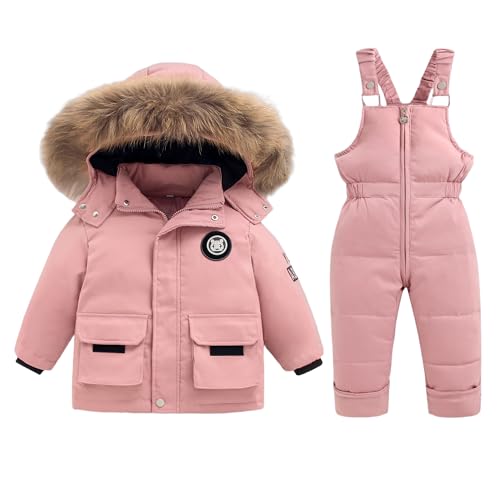 Baby Schneeanzug 2 Teiler Skianzug Mit Kapuze Winddicht Daunenjacke Mantel mit Schnee Lätzchen Hose Skihose Kapuzenjacke Schneehose Schneekleidung Winteranzug für Jungen Mädchen 24 Monate-5 Jahre