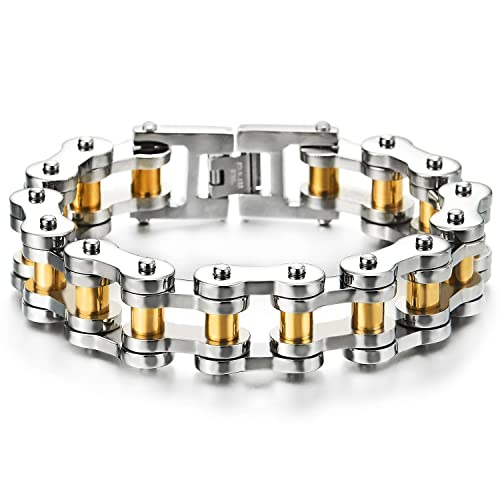 COOLSTEELANDBEYOND Exquisite Mens Silver Gold Bike Chain Bracelet of Stainless Steel High Polished by COOLSTEELANDBEYOND - Used condition - US$22.60