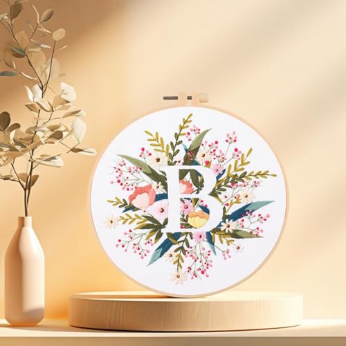 Image of IUHUI Embroidery Kit for Beginners Adults - 26 Floral Letters Easy Patterns, DIY Hand Stitching Embroidery Set with Hoop (Flower and Grass Letter B)