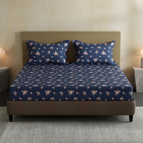 Image of Layers 100% Cotton Bedsheet for Double Size Bed | Lumina Floret Collection | 144 TC Soft & Breathable | Floral Print with 2 Pillow Covers | Wrinkle Free & Colorfast | 3 Piece Bedding Set - Blue