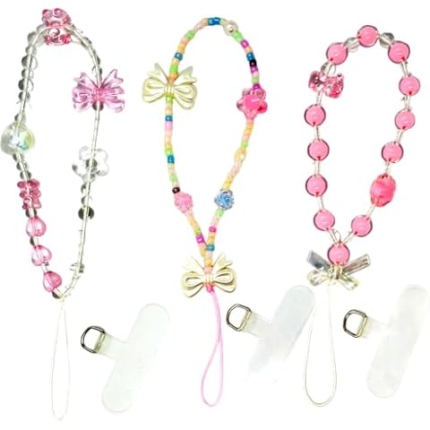 Homedy Crafts 3 Phone Charms Strap And Gasket Set, Fixed Gasket with Flower Phones Charm, Bow Beaded String, Wristlet Pearl Cellphone Strap, Cute Cell Phone Keychains Accessories (Flower Pink) Cover