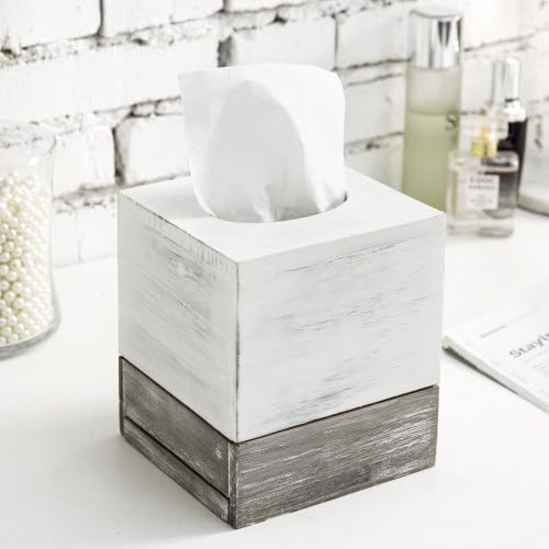 MyGift Tissue Box Cover Square Vintage White and Distressed Gray Wood Bathroom Tissue Box Dispenser Holder with Slide-Out Bottom Panel, Farmhouse Tissue Box Holder 5.5 x 5.5 x 6.3 Inches