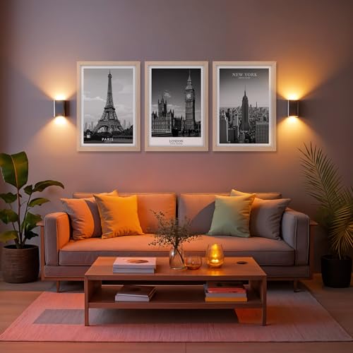 Image of NoWorries Black & White City Wall Art Framed Painting Set of 3 | New York London Paris Skyline Prints with Frame | Modern Minimalist Travel Poster Wall Decor Frames for Living Room, Bedroom and Office | Ready to Hang (Art-1, 13x19inch, Wooden)