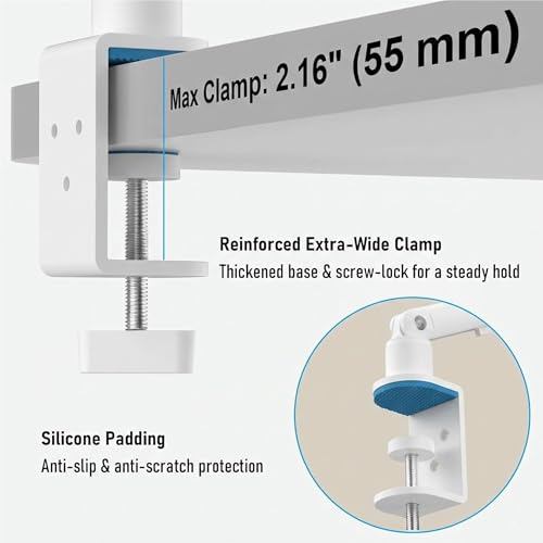 Image of Portable Monitor Stand 15.6 inch, Heavy Duty Tablet Arm Mount with Desk Clamp | Sag-Free Adjustable iPad Holder for Bed, 360 Foldable Arm Fits 4.7 inch to 18.5 inch iPad Pro /Air /Mini, Thick Case Friendly, White