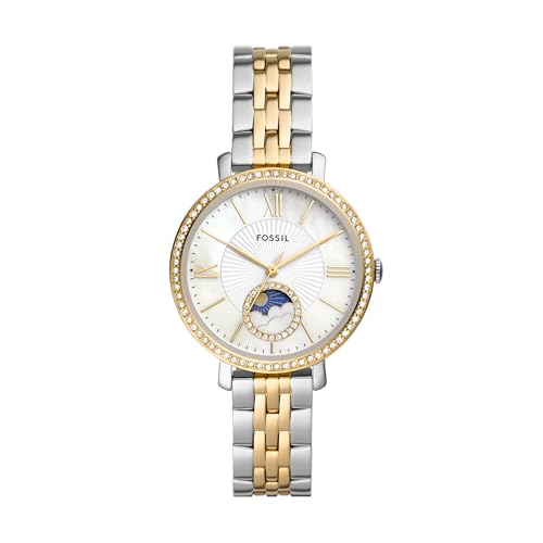 Fossil Women's Jacqueline Quartz Stainless Steel Watch, Silver/Gold Moonphase Watches for Women
