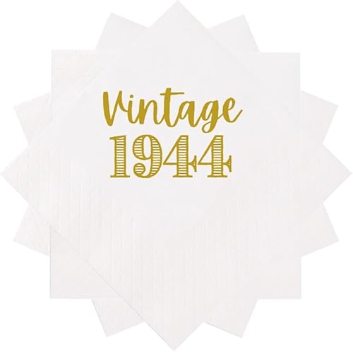 Miniatura 2 de VOWFOO Servilletas de cóctel de 80 cumpleaños, 100 unidades, vintage, 1944, 80 años, servilletas desechables de papel para fiesta de cumpleaños de
