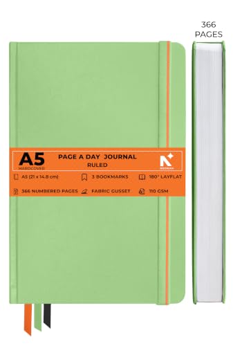 Image of NEORAH -A5 DOTTED | 368 Pages - 110 Gsm | PAGE A DAY JOURNAL (21x14.8 cm)-Hardcover Dot Grid Notebook |Back Pocket |3 Silk Book Mark - Completely HANDMADE for Journaling,writing - LIGHT GREEN