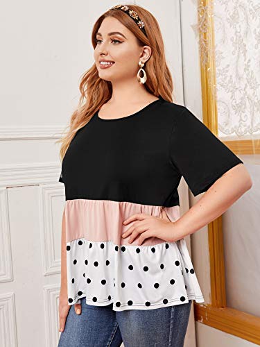 Romwe Women's Plus Size Casual Short Sleeve Colorblock Polka Dots Ruffle Peplum Tops Shirts Multicolor 3X #TOP2
