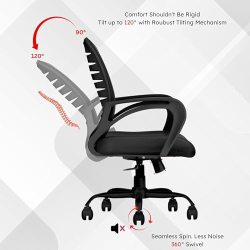 Image of Align Bliz Mesh Computer Chair for Work from Home, Ergonomic Office Seating with Height Adjustment, Armrest Support, Ventilated Backrest, Smooth Swivel Base, 3 Years Warranty - (Black, Mid Back)