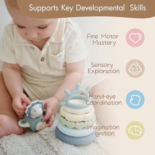 Image of Moonkie Dinosaur Silicone Stacking Rings, 7-Piece Baby Teething Toy, 6M+ | 7 Textured Rings, Cute Dinosaur Teether Topper, Early Learning, Dishwasher Safe, Beautiful Gift Box, Baby Gift
