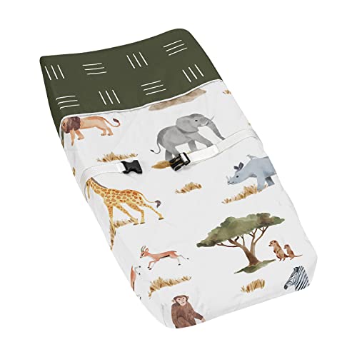 Image of Sweet Jojo Designs Jungle Animals Boy Girl Baby Nursery Changing Pad Cover Hunter Green Yellow Grey Rust Orange Black White Wildlife Safari Animal Gray Elephant Giraffe Lion Monkey Leopard Cheetah