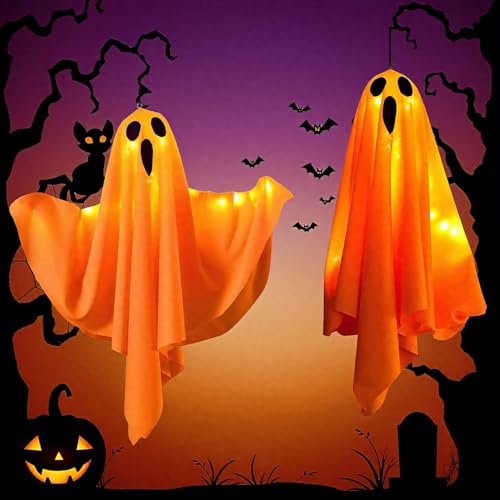 OVOISSTIY 2 peças decoração de Halloween fantasma, Halloween fantasmas pendentes com luzes, LED luzes de Halloween com 3 modos de iluminação, para interior casa, jardim, árvore, pátio (laranja)
