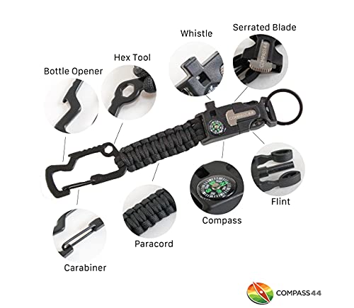 Keychain Tool 8-In-1 Paracord Tactical Survival Camping Compass, Emergency Whistle, Flint Rod Fire Starter, Carabiner, Hexagon Tool, Bottle Opener, And Serrated Mini-Blade #TOP1