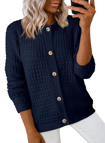 Dokotoo Girls Knit Short Cardigan Christmas Sweaters for Women Fall Outfits 2025 Trendy Long Sleeve Summer Open Front Button Down Shirt Jackets,Navy Blue Medium