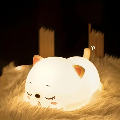 Image of GITGRNTH Rechargeable Silicone Cat Night Light for Kids | Kawaii Cat Lamp Tap and Touch Color-Changing LED Lamp |Adorable Room Decor & Gift for Toddlers, Teens (Cat Light Lamp, Regular), White