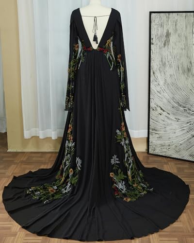 Floral Embroidered Wedding Dresses for Women Bride V Neck Bridal Gowns with Long Sleeves Boho Wedding Dress2