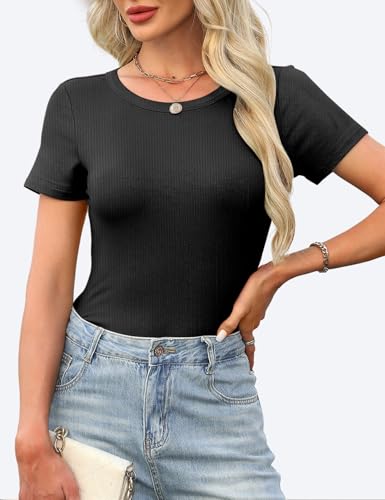GKBK Womens Short Sleeve Tops Crew Neck Ribbed Slim Fitted Tight Layering Top Basic Tee Shirts Cute Summer Tops Casual Spring Outfits 2026 Trendy Black — view 5