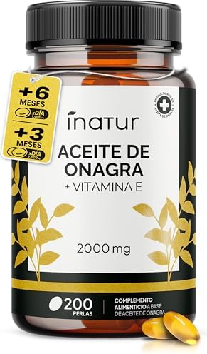 Aceite de Onagra 1.000 mg – 200 Perlas | Inatur | Vitamina E | 10% GLA | Suministro 7 meses | Salud hormonal de las mujeres | Salud de piel y huesos | 100% Natural