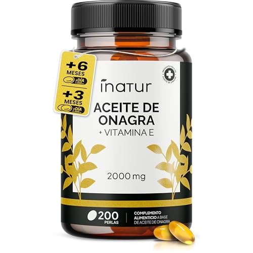 Aceite de Onagra 1.000 mg – 200 Perlas | Inatur | Vitamina E | 10% GLA | Suministro 7 meses | Salud hormonal de las mujeres | Salud de piel y huesos | 100% Natural