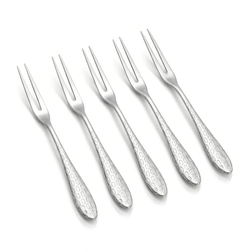Image of Kitchen Expert Stainless Steel Fruit Fork Set of 6 | Fruit Picks | Mini Snack & Dessert Forks | Hammered Design Appetizer Picks - Silver
