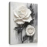 Framed Wall Art Canvas Wall Art White Rose Floral Framed Canvas Wall Single Piece Sculpture Wall Decor for Living Room Bedroom Office Modern Home Art Elegant Floral Art 12x16 Inch