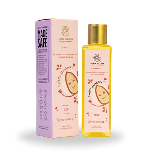 SWEET ALMOND (BADAM OIL) Baby Massage Oil and Hair oil, Cold Pressed and Certified ORGANIC with SWISS Plant Actives. Dermatologist Tested by Pediatrics, Mild & Gentle & Safe (200 ML)