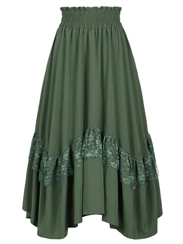 Cossoul Women’s Renaissance Flowy Long Skirts High Waist Lace Maxi Skirt with Pockets (US, Alpha, Large, Regular, Regular, Green)