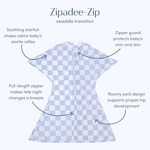 Image of SleepingBaby Zipadee-Zip Transition Swaddle - Cozy Baby Swaddle Blanket with Zipper Convenience - Roomy Wearable Blanket for Easy Diaper Changes - Lavender Check, Small (4-8 Month)