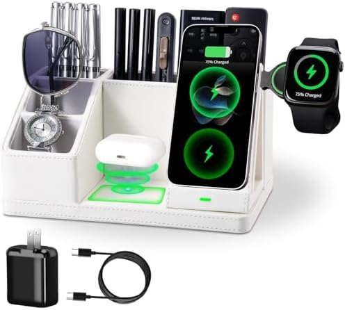 White Leather Desk Organizer with Wireless Charger – 3-in-1 Charg...