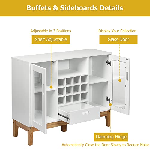 Petsite White Sideboard Buffet Storage Cabinet With Removable Wine Rack, Glass Doors, Open Shelf & Drawer, Wood Accent Console Table For Living Room, Entryway #TOP3