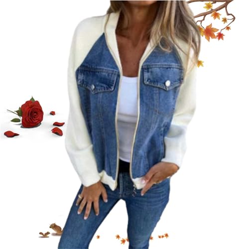 Moderne Jacke mit Denim-Stoff, für Herbst und Winter, für Damen, mit Nähten, lässig, Jeans-Oberteil, langärmelig, Reißverschluss, Farbe (Blau, Größe 2XL)