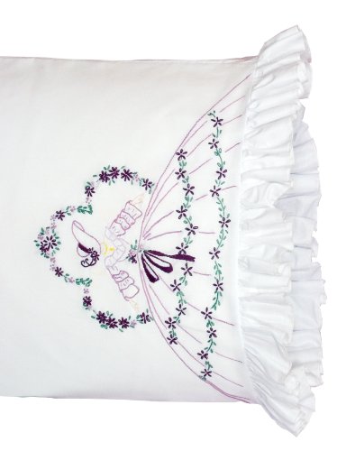 Fairway Needlecraft 82527 Vintage Ruffled Edge Pillowcases, Samba Lady Design, Standard Size, White