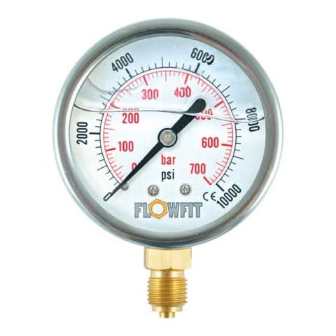 Flowfit Hydraulic Pressure Gauge, Glycerine Filled, 100mm Dial Size, Rated for 0-100 PSI (7 Bar), 1/2" BSP Base Entry Cover