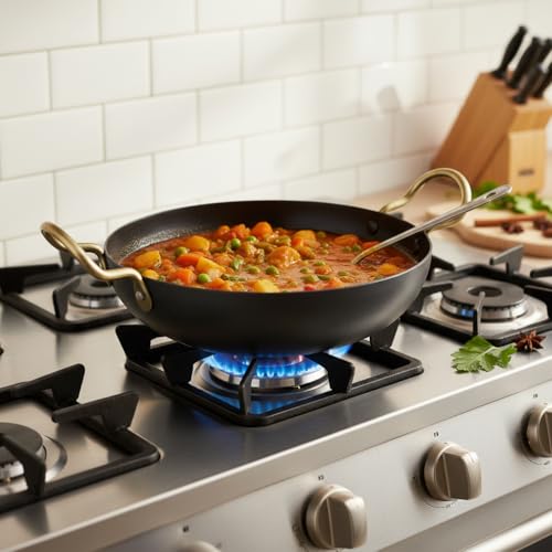 Image of Traditional Iron Deep Bottom Kadai with Handle, 8 Inch (19 cm), Ideal for Cooking on Induction and Gas Stoves
