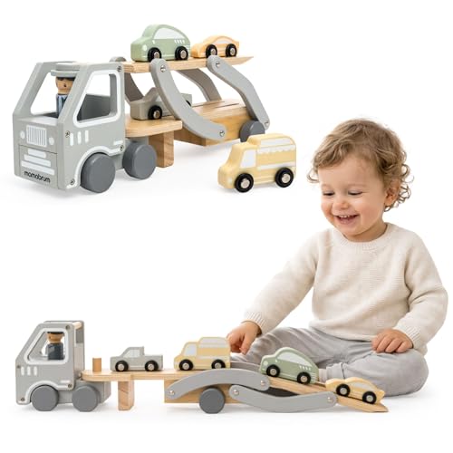 Mamabrum Dépanneuse en Bois avec Voiture Enfants Camion avec Remorque et Rampe Ensemble de 4 Voitures Jouet Éducatif Transport Véhicule