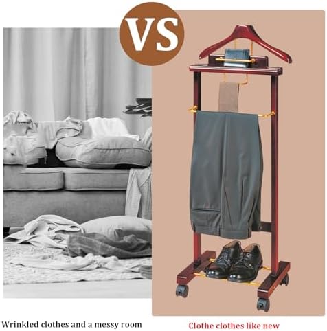 Wooden Suit Valet Stand - Mobile Floor Coat Rack, Stylish Clothes Butler Organizer for Men & Women, Elegant Clothing Display Holder with Base