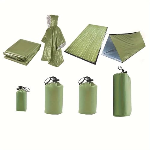 Emergency Shelter Sets, Survival Shelter 1 Survival Tent 1 Mylar Blankets 1 Emergency Sleeping Bag 1 Poncho for Outdoor Carcar Kits, Camping, Hiking (Green)