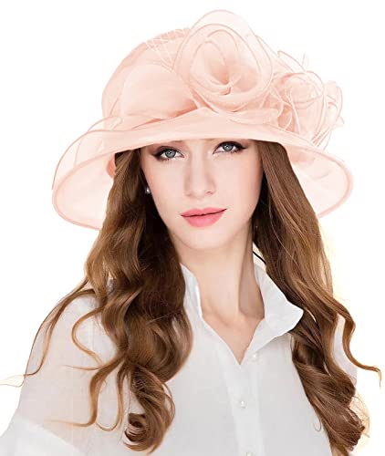 Tlmnu Organza Fascinator Hat - Women¡¯S Wide Brim Church Bridal Tea Party Wedding Hat 04Softpink #TOP1