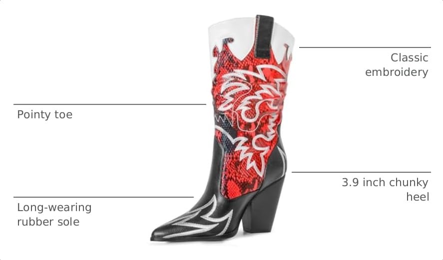 Image of Women Cowboy Boots Mid Calf Embroidered Cowgirl Knee High Chunky Heel Western Pointed Toe